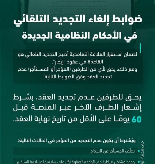 منصة إيجار توضح ضوابط التجديد التلقائي لعقود الإيجار وآلية الإلغاء في مدن المملكة
