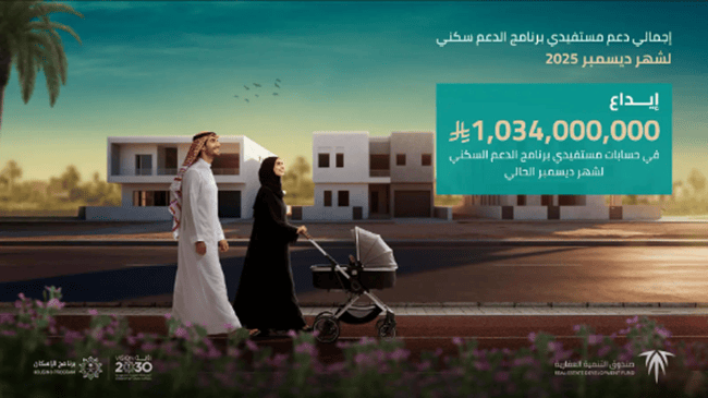 الصندوق العقاري يودع مليار و34 مليون ريال لمستفيدي برنامج الدعم السكني في ديسمبر 2025