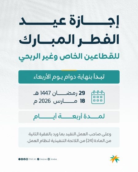 موعد إجازة عيد الفطر للقطاعين الخاص وغير الربحي