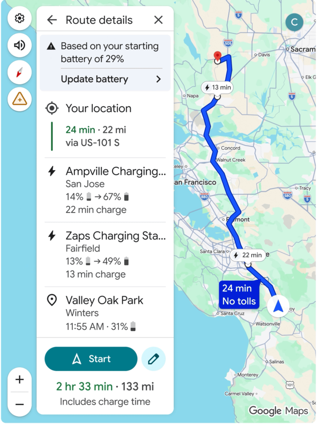 Google Maps تضيف ميزة تخطيط رحلات السيارات الكهربائية