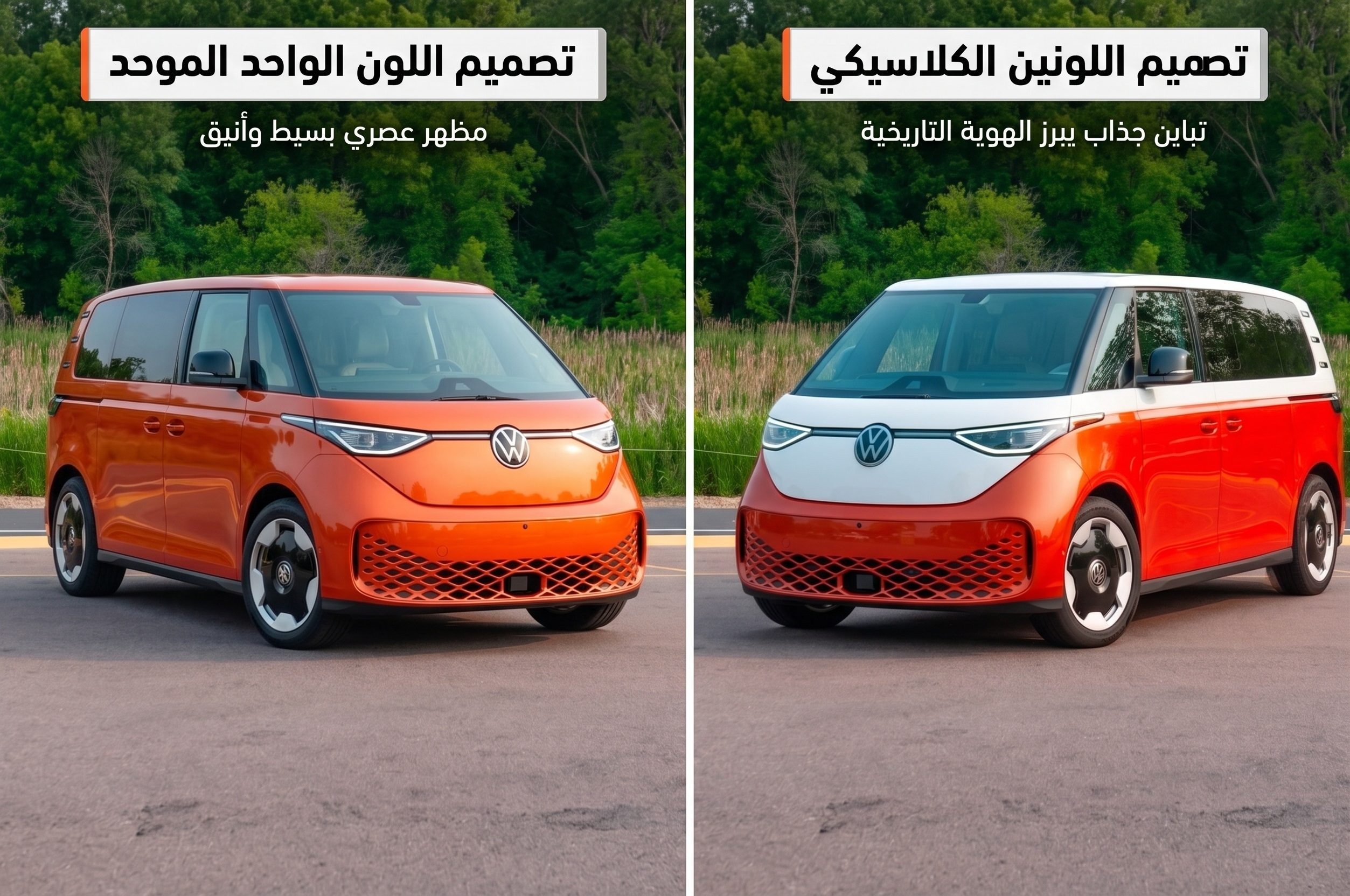 مقارنة بين المظهر القديم والمظهر الجانبي لسيارة فولكس واجن ID. Buzz 2027 باللونين الأحمر الكرزي والأبيض الكاندي مع عجلات كلاسيكية بيضاء.
