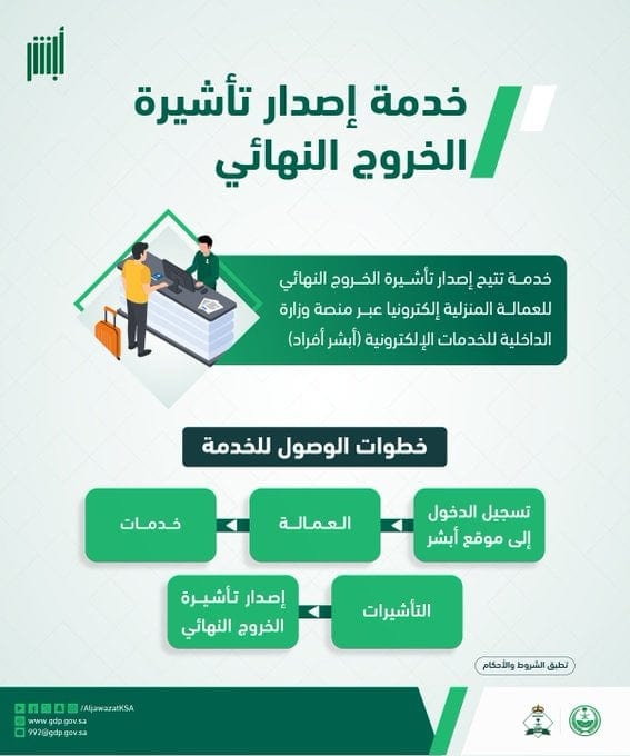 خطوات إصدار تأشيرة الخروج النهائي للعمالة المنزلية إلكترونيًا عبر أبشر