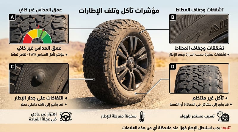 مظاهر تلف اطارات السيارات وحماية إطارات السيارة في الصيف