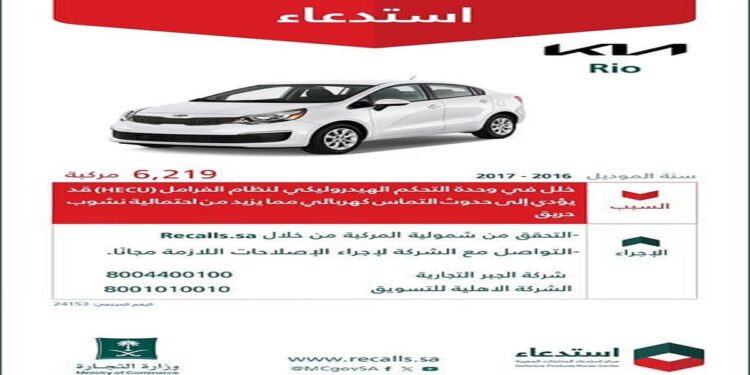 التجارة: استدعاء 6,219 مركبة من طراز “كيا ريو” بسبب خلل قد يؤدي إلى خطر نشوب حريق