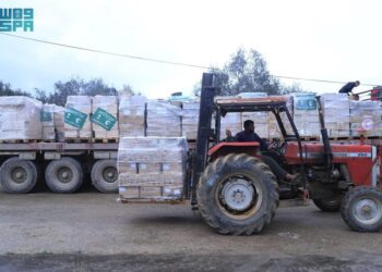 وصول 34 قافلة إغاثية سعودية جديدة إلى جنوب قطاع غزة