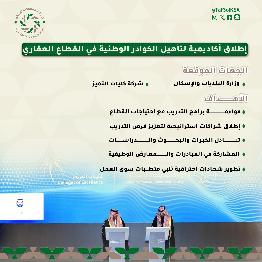 تفاعل السعودية - وزارة البلديات والإسكان توقع مذكرة تفاهم لإطلاق أكاديمية متخصصة في القطاع العقاري