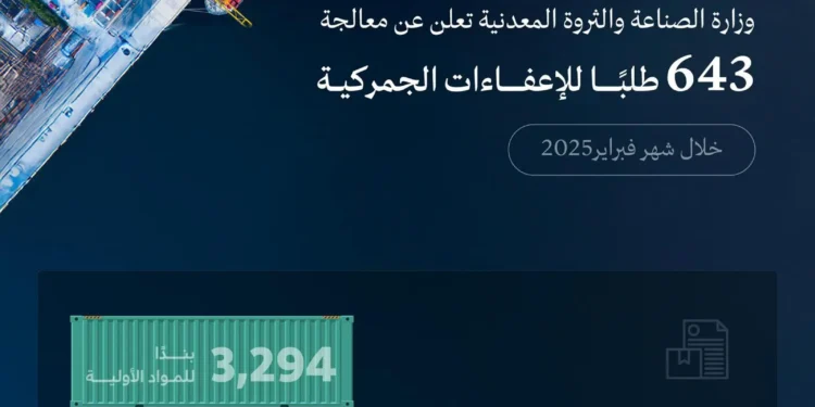 “الصناعة” تعالج 643 طلبًا للإعفاء الجمركي خلال شهر فبراير 2025