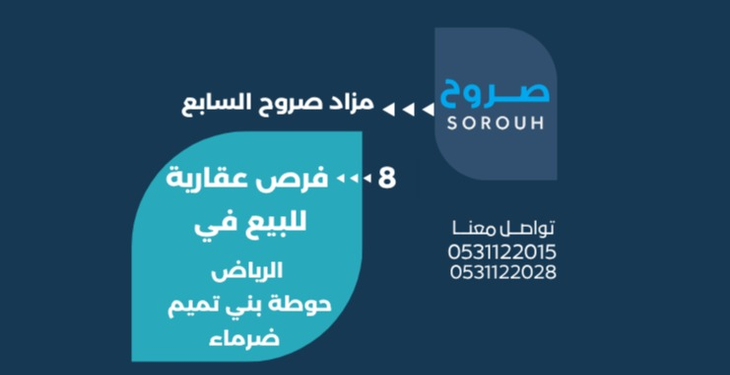 صروح العقارية تطلق مزادها السابع بـ 8 فرص استثمارية متنوعة في الرياض وحوطة بني تميم