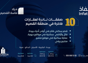 انطلاق مزاد ماسة القصيم لبيع 10 عقارات متنوعة في بريدة والبكيرية وعنيزة والأسياح