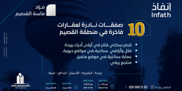 انطلاق مزاد ماسة القصيم لبيع 10 عقارات متنوعة في بريدة والبكيرية وعنيزة والأسياح