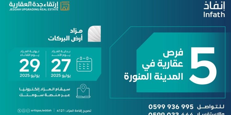 إرتقاء جدة العقارية تعلن عن مزاد أرض البركات في المدينة المنورة تحت إشراف "إنفاذ"
