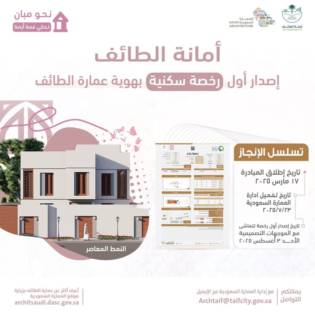 أمانة الطائف تصدر أول رخصة سكنية متوافقة مع هوية عمارة الطائف: انطلاقة نحو مدن بهوية سعودية أصيلة