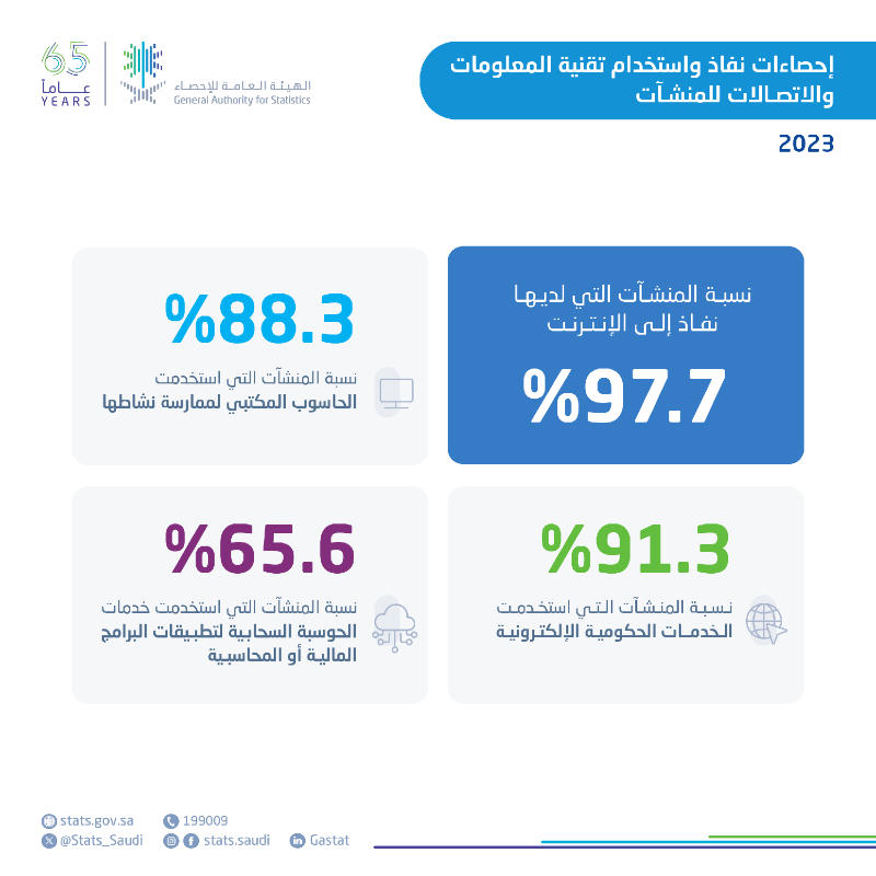 «الإحصاء» تكشف: 97.7% من منشآت المملكة لديها اتصال بالإنترنت خلال 2023