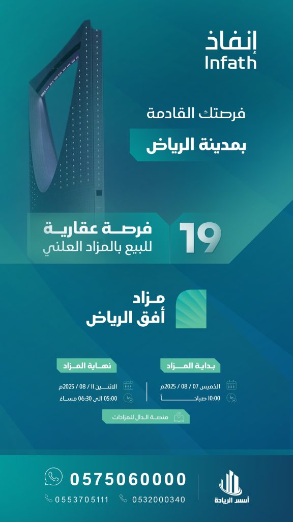 مزاد أفق الرياض لبيع 19 فرصة عقارية