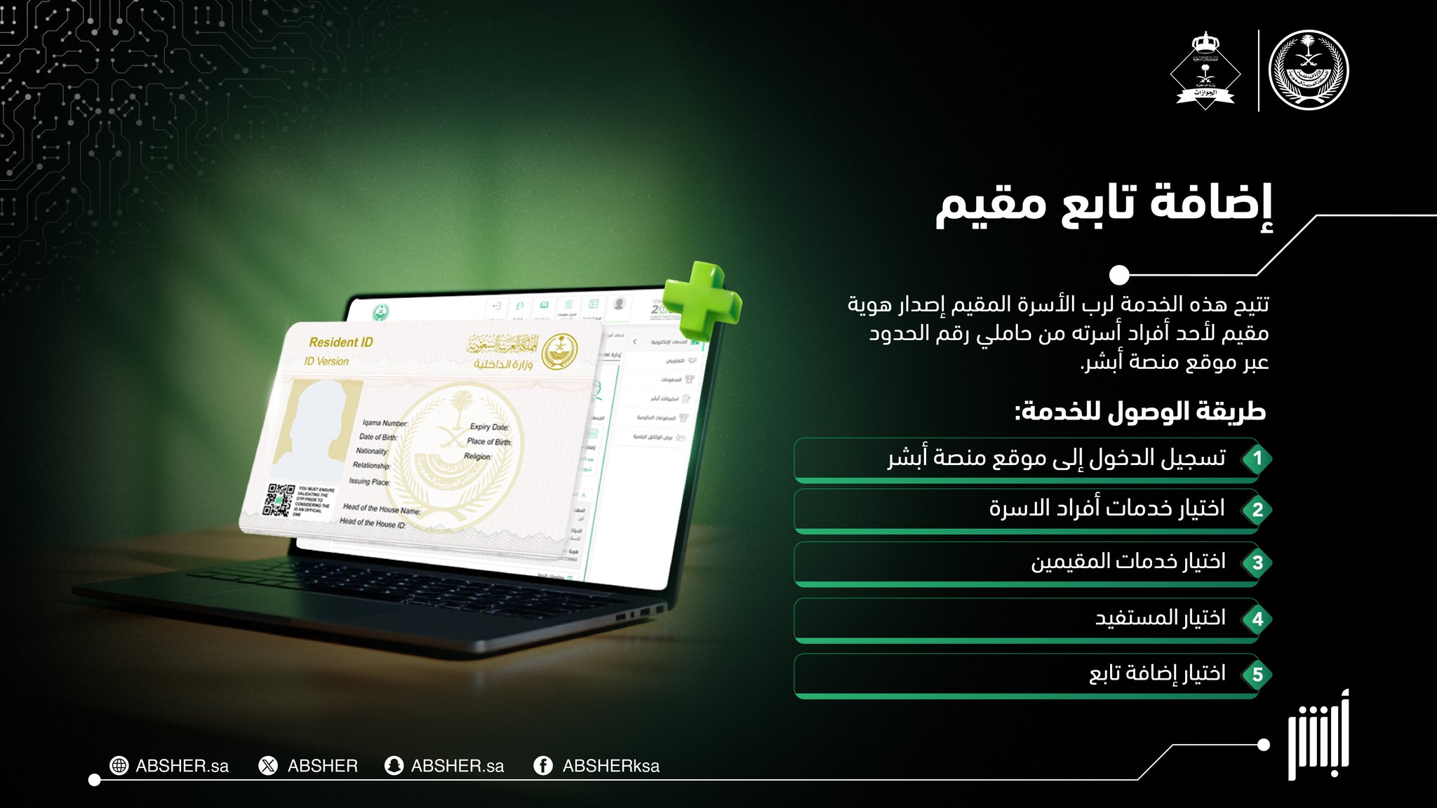 تفاعل السعودية - خدمة إصدار هوية مقيم إلكترونيًا لأفراد الأسرة عبر منصة "أبشر"