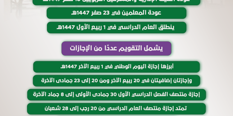 الإجازات والمواعيد.. التعليم تعتمد التقويم الدراسي لعام 1447