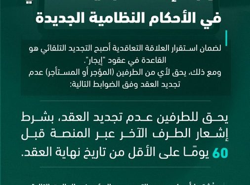 منصة إيجار توضح ضوابط التجديد التلقائي لعقود الإيجار وآلية الإلغاء في مدن المملكة