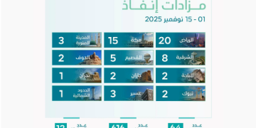 إنفاذ يعلن إقامة 64 مزادًا علنيًا لتصفية وبيع أكثر من 600 أصل في مختلف مناطق المملكة