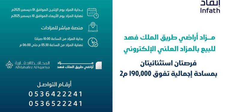 مزاد إلكتروني مميز لـ أراضي الملك فهد شمال الرياض بإشراف شركة المحافظ العقارية وإنفاذ