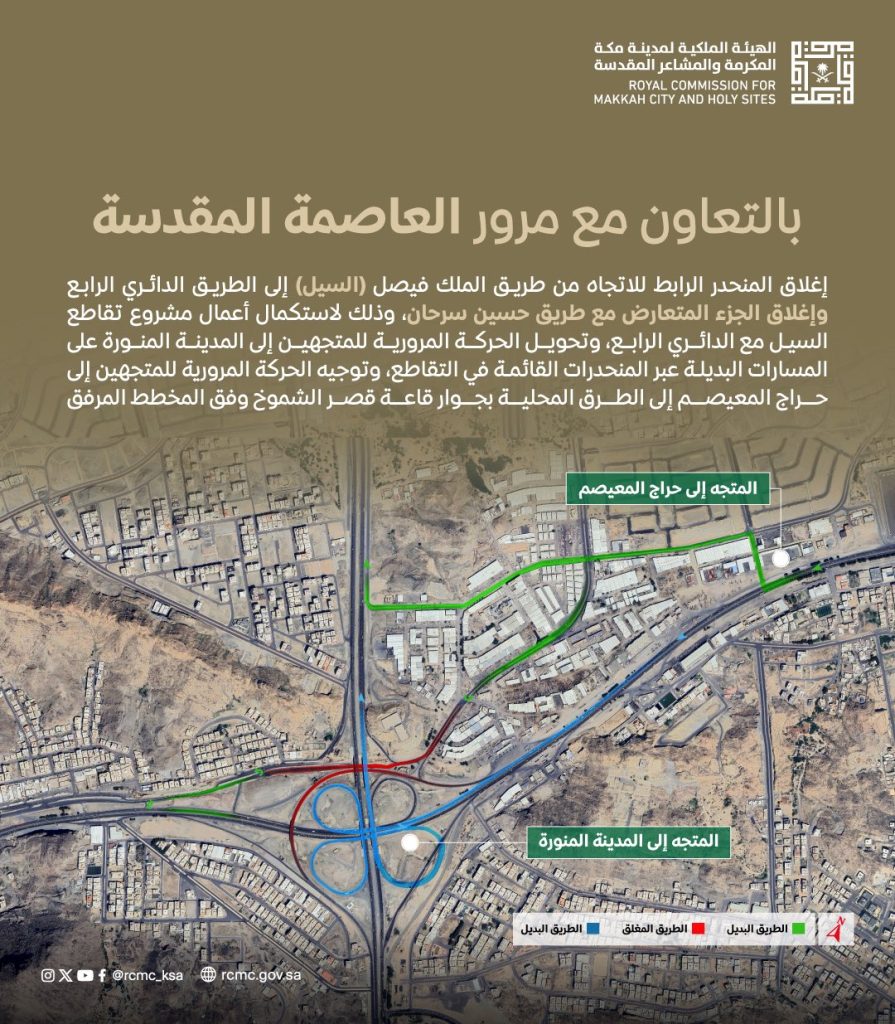إغلاق مؤقت لطريق الملك فيصل والدائري الرابع بمكة ضمن مشروع تطوير تقاطع السبيل