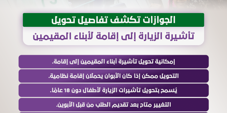 انفوجراف.. الجوازات توضح إمكانية تحويل تأشيرة أبناء المقيمين إلى إقامة