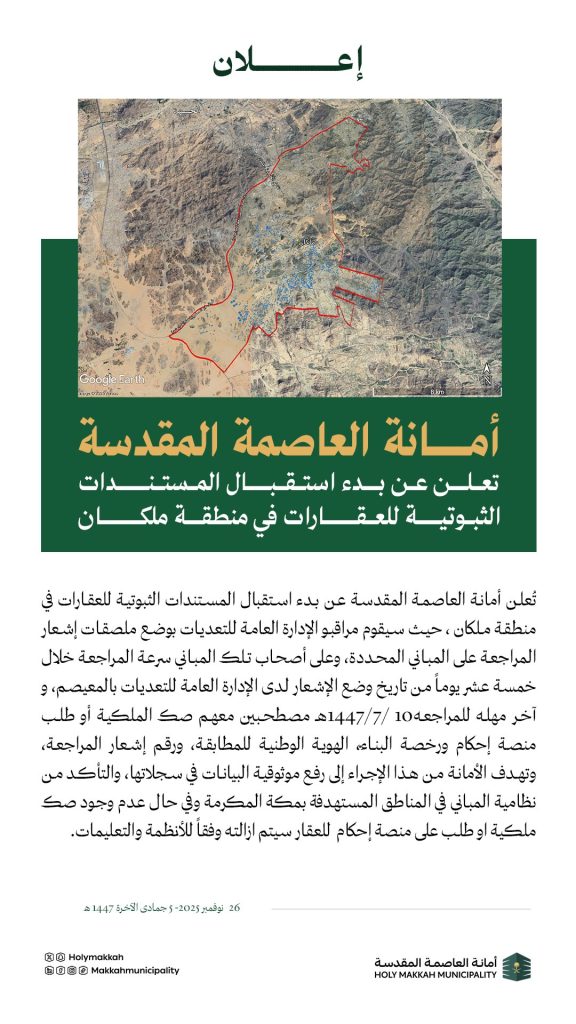 بدء استقبال المستندات الثبوتية للعقارات في عدد من مناطق مكة المكرمة