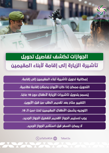 انفوجراف.. الجوازات تكشف تفاصيل مهمة حول إمكانية تحويل تأشيرة أبناء المقيمين إلى إقامة