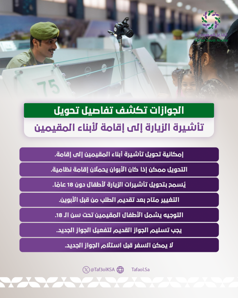 انفوجراف.. الجوازات تكشف تفاصيل مهمة حول إمكانية تحويل تأشيرة أبناء المقيمين إلى إقامة