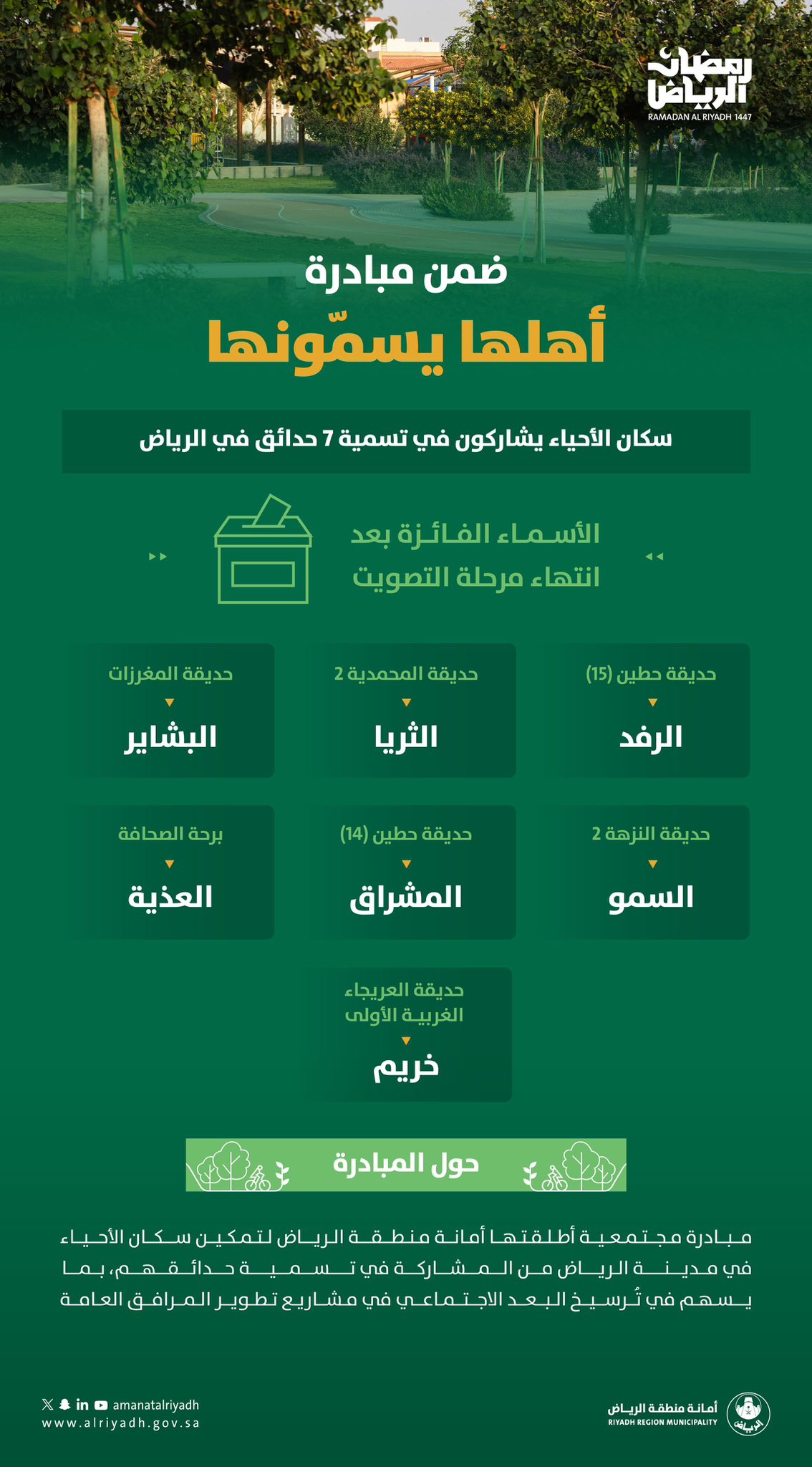 أمانة الرياض تعتمد أسماء جديدة لسبع حدائق