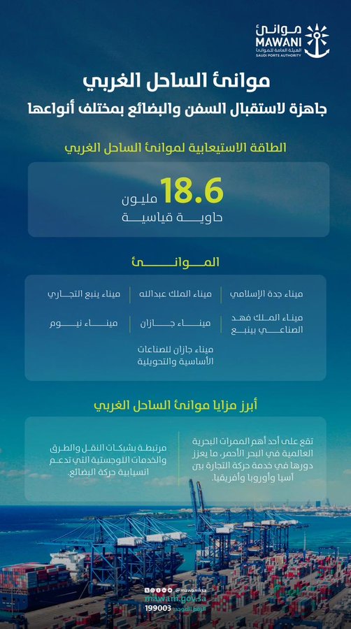 موانئ السعودية تؤكد جاهزية موانئ الساحل الغربي