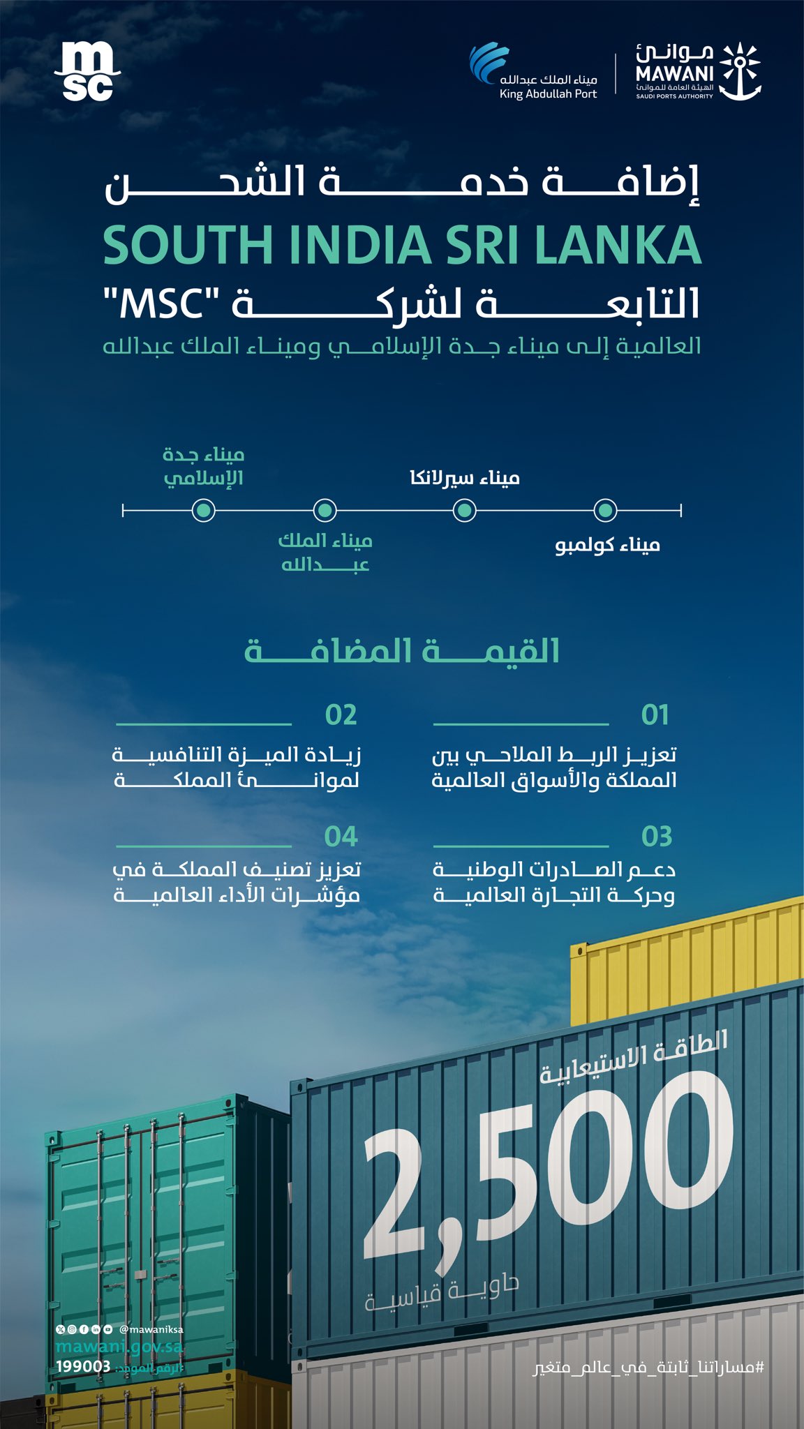 موانئ السعودية تعزز الربط العالمي بخدمة شحن جديدة لشركة MSC