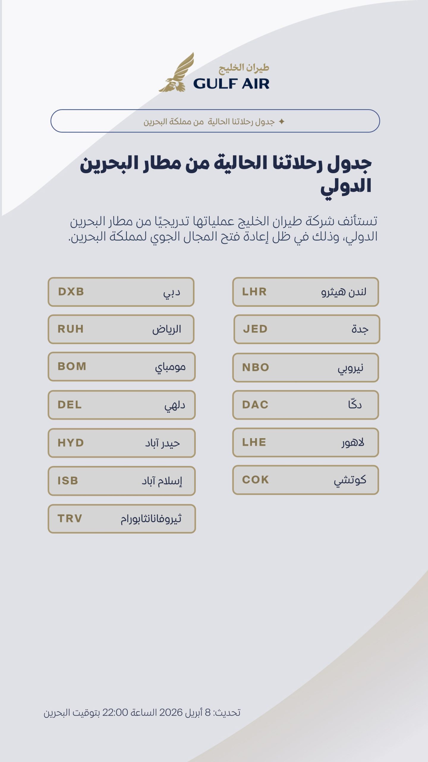 طيران الخليج تستأنف رحلاتها من مطار البحرين الدولي بعد إعادة فتح المجال الجوي البحريني 2026.