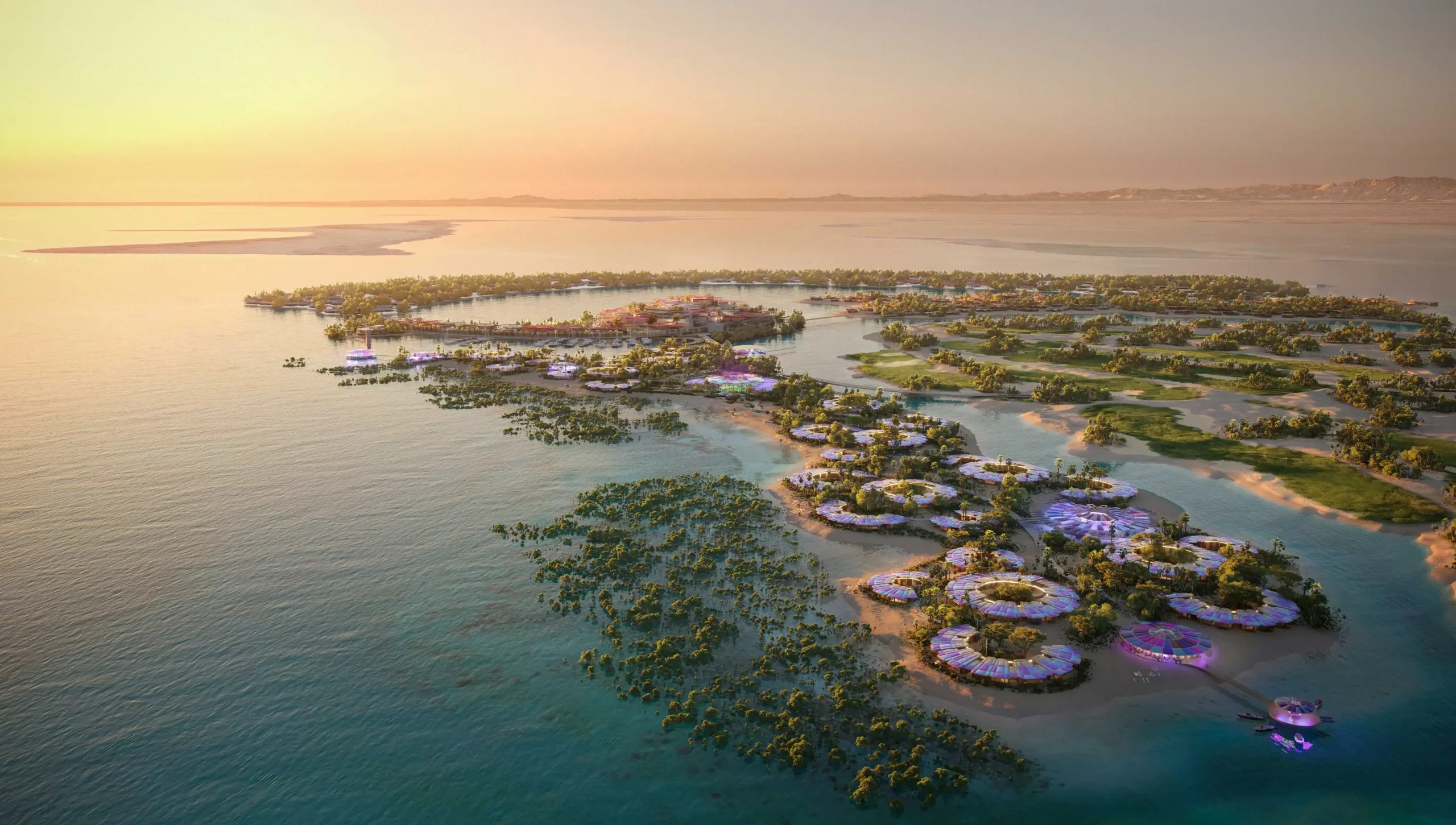 مشروع البحر الأحمر السعودي يظهر الجزر الاصطناعية والمنتجعات المستدامة ضمن مبادرات السياحة البيئية في المملكة.