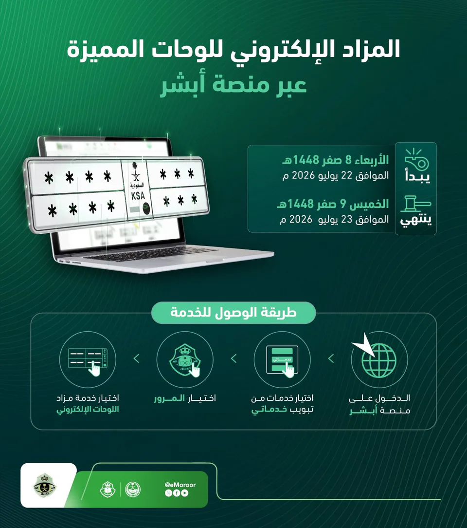 مزاد اللوحات المميزة عبر أبشر.. موعد المزاد وخطوات المشاركة 