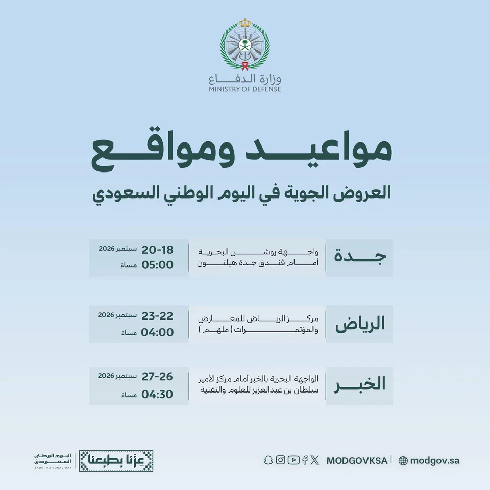 وزارة الدفاع تعلن مواعيد ومواقع العروض الجوية